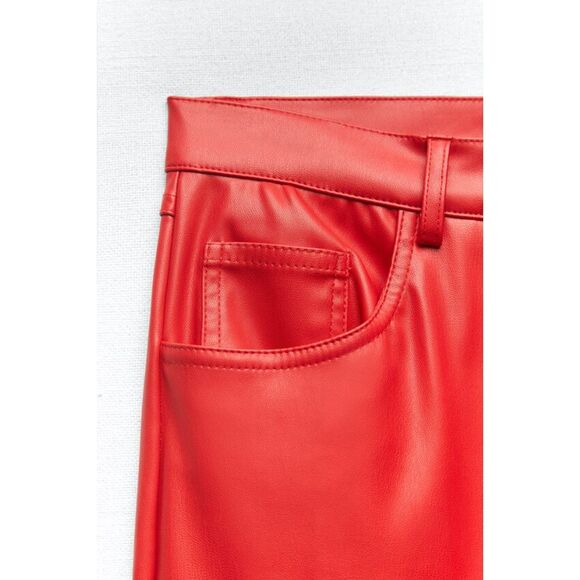 Red Zara Faux Leather High-Waisted Straight Leg Pants (NWT) - Picture 5 of 7